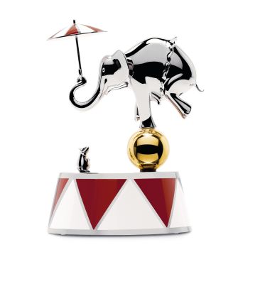 Alessi Circus Spieluhr mit Elefant und Maus Figur auf Zirkus-Podest.